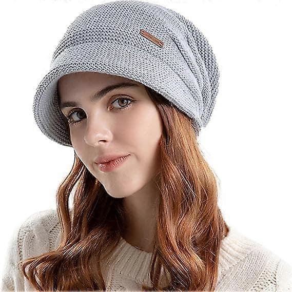 Lösstickad mössa för kvinnor, varm vintermössa med fleecefoder, stretchig skull cap med visir, ljusgrå