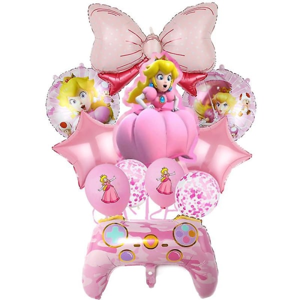 Super Mario Bros Set Princess Peach Ballonger Kostym Festdekoration Rosa Dekorativa fototillbehör Födelsedag Baby Shower 5pcs set-E