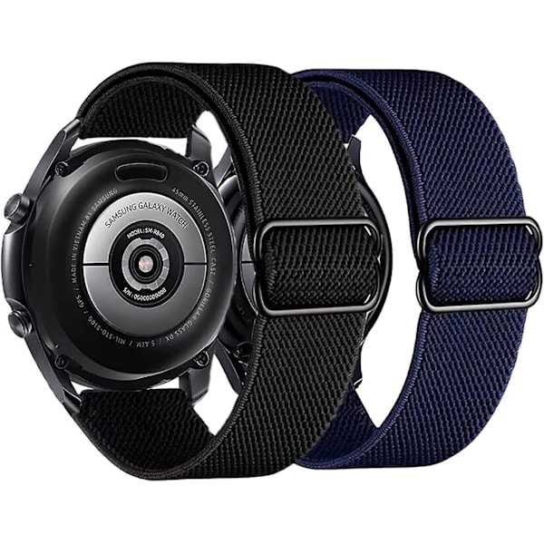 2-pak Nylonremme Kompatible med Samsung Galaxy Watch Active 2 Universal 20mm Elastisk Sports Loop Åndbar Armbåndsrem Sort+Blå