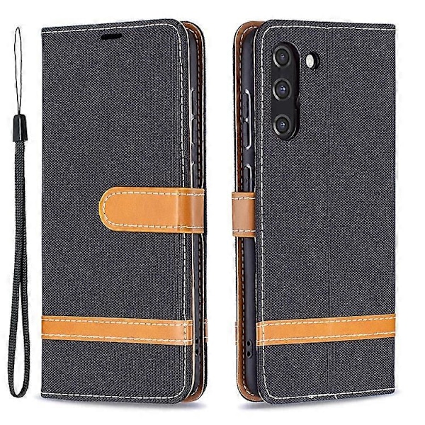 Splejsning Jeans Stof Overflade Læder Telefon Cover Wallet Stand Case Kompatibel Med Samsung Galaxy S21 FE/S21 Lite Black