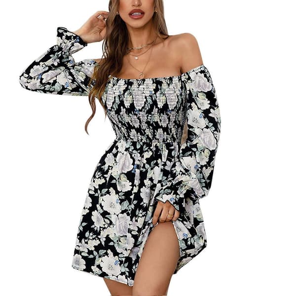Blommig Rynkad Off Shoulder Klänning Trendig Elastisk Stretchig Elegant Klänning för Kvinnor