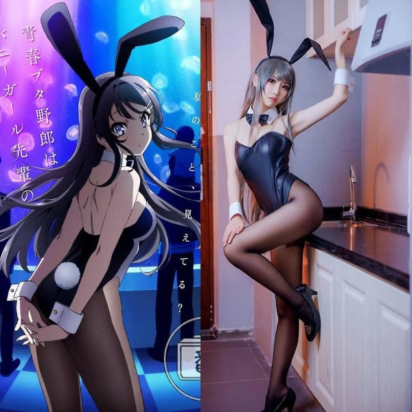 Rascal drömmer inte om kaninflicka Senpai Sakurajima Mai Cosplaydräkt för kvinnors svart bodysuit för halloweenfest Wig One size