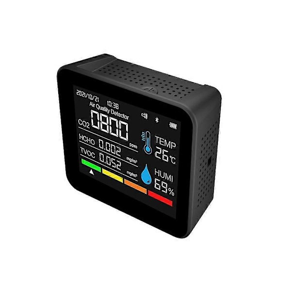 9-i-1 BT Luftkvalitetsmätare Tid/datum Co2 Tvoc Hcho Pm2.5 Pm1.0 Pm10 Temperatur Fuktighetsdetektering