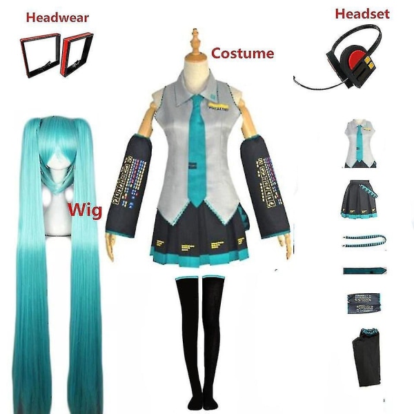 Snabb Frakt Miku Kostym Japan Midi Klänning Kvinnliga Outfits För Halloween Nyårsfest Fulla Set Med Peruk Full sets with wig Xxl