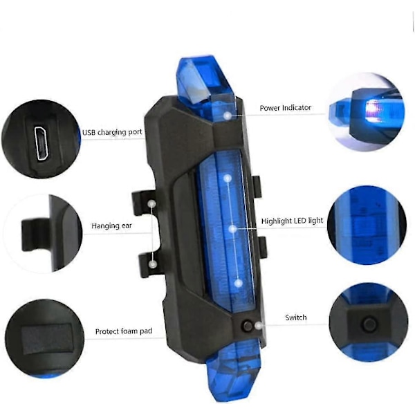 Baklykt for sykkel, vanntett lydløs sykkelbakgrunn for LED-drakter LED-fjellbaklykt, 2 stk (blå)