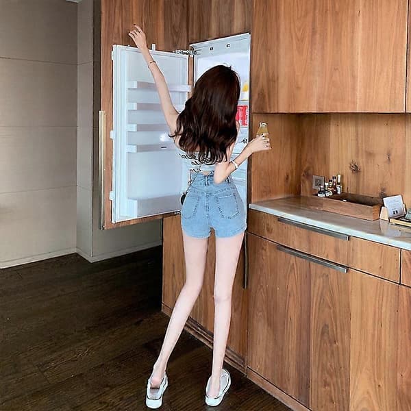 Ljusblå Hög Midja Denimshorts Jeans Dam