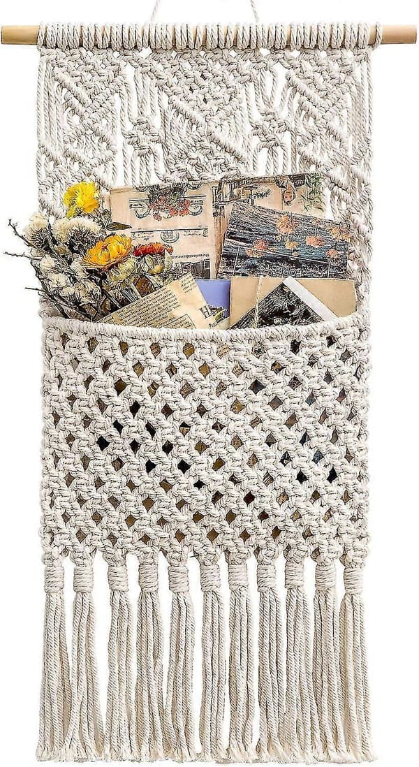 Lehtiteline Järjestäjä Postinpidike Seinälle Asennettava Puuvilla Punottu Ripustustasku, boho Sisustus, Norsunluu, 33cm(l) 82cm(p)