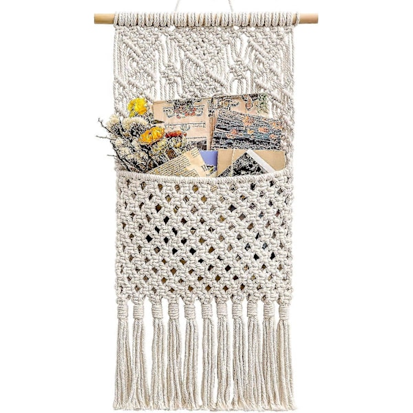 Tidningsförvaring Organizer Posthållare Väggmonterad Bomullsvävning Hängande Ficka, boho Heminredning, Elfenben, 33cm(b) 82cm(l)