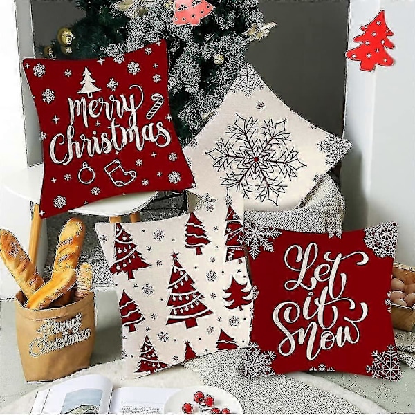 Kuddöverdrag Jul, Set med 4 Jul Kuddöverdrag 45x45 Cm Jul Dekorativa Kuddöverdrag