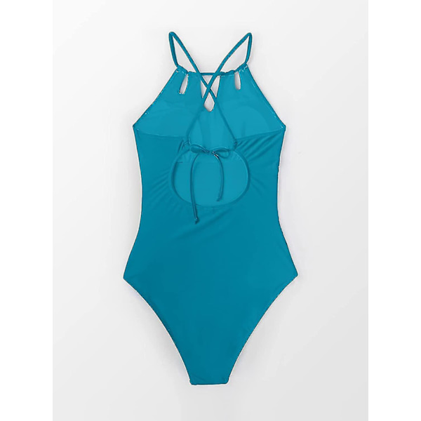 Dam baddräkt i ett stycke med hög hals, strandkläder, rynkad magkontroll, baddräkt Turquoise XL