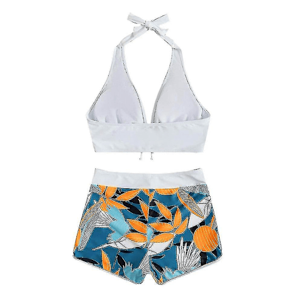 Dambikini med Halterneck Push Up BH, Baddräkt med Shorts, Tvådelad Baddräkt, Sommarstrandkläder, Badkläder White M