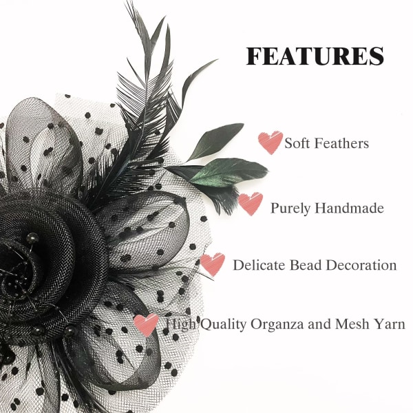Fascinator lue for kvinner Black Feather Mesh Tea Party pannebånd