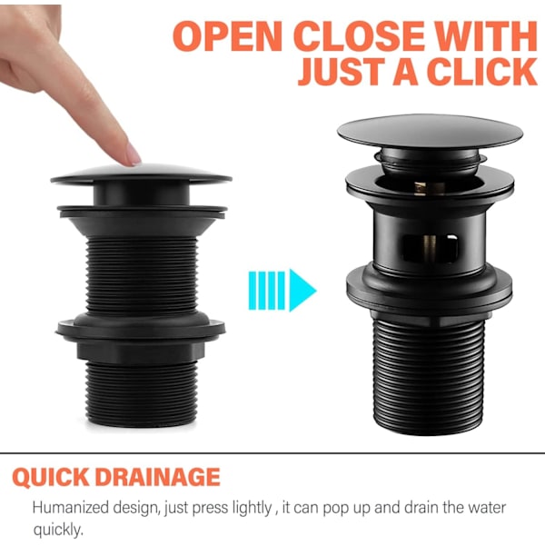 Sänkdrain med överlopp, Pop-up-ventil Sänkdrain, Svart Badrumssänkdrain, Universal Sänkdrain (Svart)