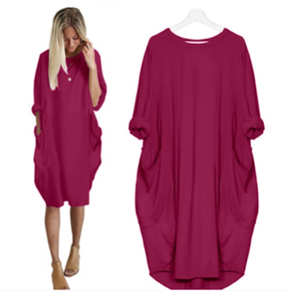 Afslappet løs lomme langærmet plus size kjole til kvinder red 4XL