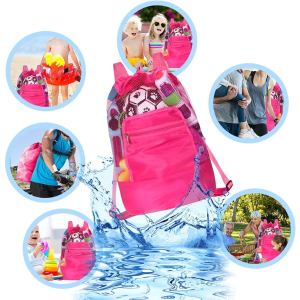 Strandleksaksväska, Stor Nätväska, Vikbar Väska & agrave; Rygg Strandleksaksförvaring Nätväska för Kläder, Leksaker, Handduk, Simning, Strandresa - Rosa