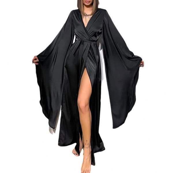 Sort dame efterår/vinter behagelig afslappet elegant loungewear lang slåbrok med snørebånd og slidser. S