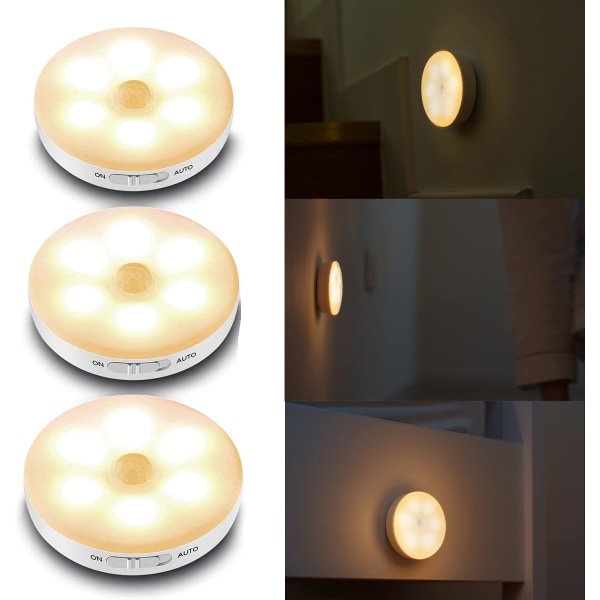 3 stk bevegelsesdetektorlampe, skap-/skaplampe, led nattlys, trådløs ledlampe
