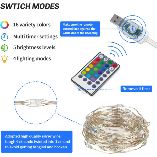 Fairy String Lights USB-drivna 16 Färgväxlande Strängljus 10m 100 LED Vattentäta Blinkande Ljus