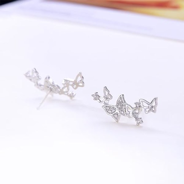 925 Sterling Sølv Cubic Zirconia Krystal 3D Butterfly Design Øremanchet Brud Stud Øreringe