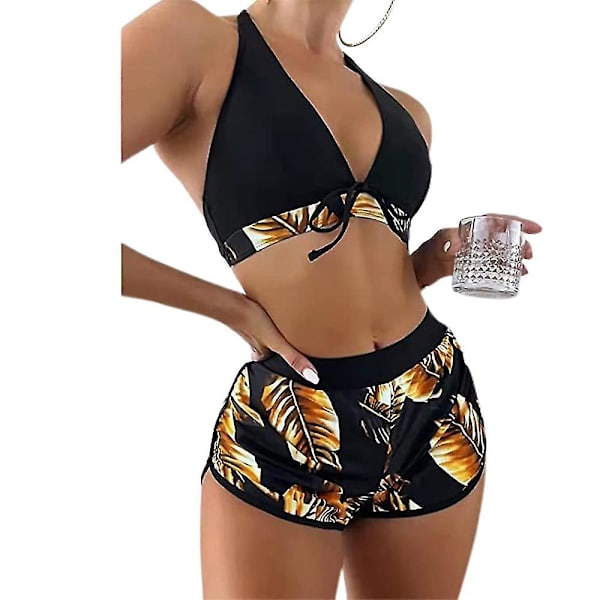 Damer Damer Blomstermønstret Halter Hals Kit Badetøj Badetøj Shorts Thong Svøm Strand Sæt Yellow L