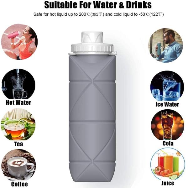 Lekkasjesikker ventil Gjenbrukbar bærbar sammenleggbar vannflaske (grå)
