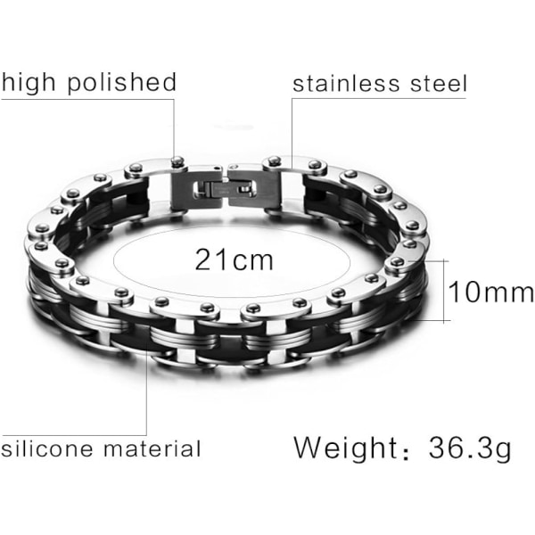 Motorcykelkæde Håndledslænke i Sort Silikon og Rustfrit Stål, Biker Gothic Type, 20,5 cm