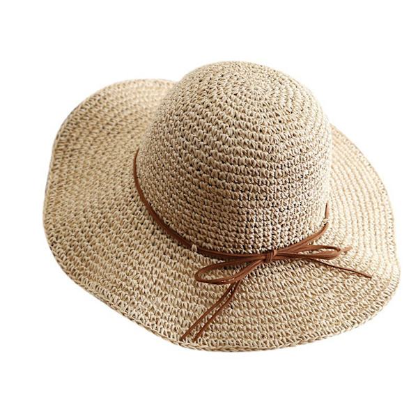 Kvinnors stora solhatt med bred brätte i halm, floppy, strandhatt, hopfällbar, sommar, rosett Beige