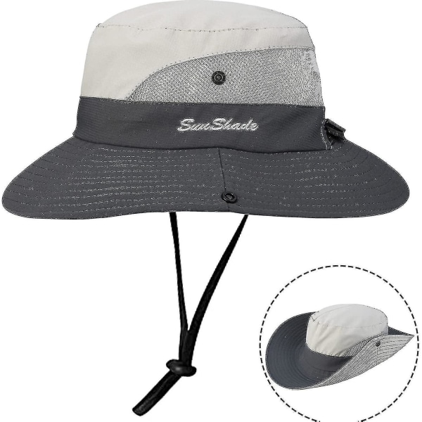 Solhatt for kvinner, UV-beskyttende, sammenleggbar, med bred brem, for strand og fiske Beige grey