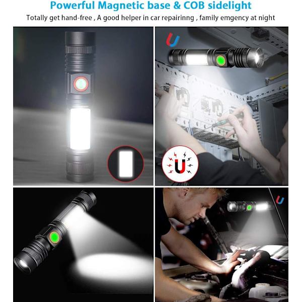 USB-opladelig lommelygte (batteri inkluderet) Super lys LED taktisk lommelygte med COB-sidelys, vandtæt