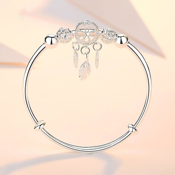 Justerbar 925 Sterling Sølv Drømmfangst Kvast Fjeder Rund Perle Charm Armbånd & Armbånd