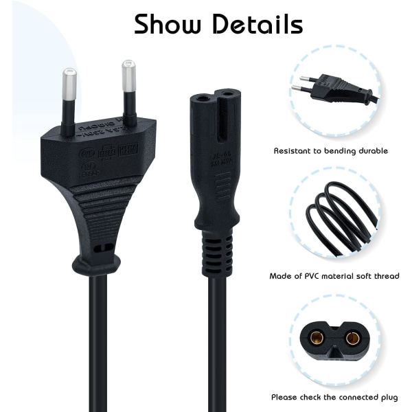 1,5 M (4,9 FT) EU-kontakt C7 Power Bipolar 2-kabel för PS5 / PS4 / PS3 / Xbox Series X / S - Svart