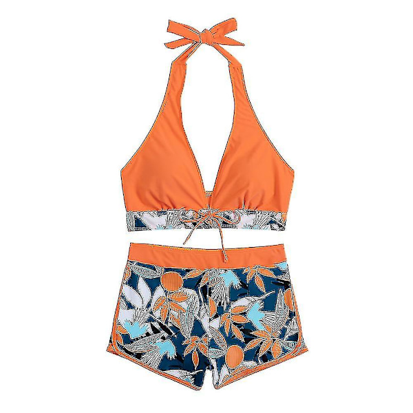 Dambikini med Halterneck Push Up BH, Baddräkt med Shorts, Tvådelad Baddräkt, Sommarstrandkläder, Badkläder Orange XL
