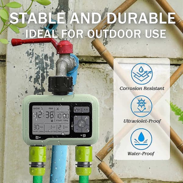 Vattentimer Bevattningssystem, 2 Utlopp Vattensprinkler Timer Gräsmatta & Trädgårdsbevattningsutrustning/Automatiskt Bevattningssystem/IPX5 Vattentät/Barnlås Mo