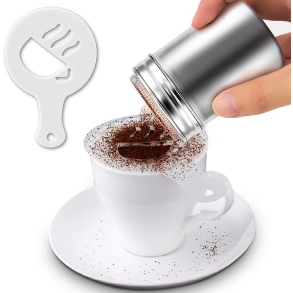 2 rustfrie stål pulverrystere, mesh shaker pulverdåser til kaffe kakao kanelpulver med låg, med 16 stykker trykmønter stencils