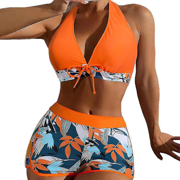 Dambikini med Halterneck Push Up BH, Baddräkt med Shorts, Tvådelad Baddräkt, Sommarstrandkläder, Badkläder Orange L