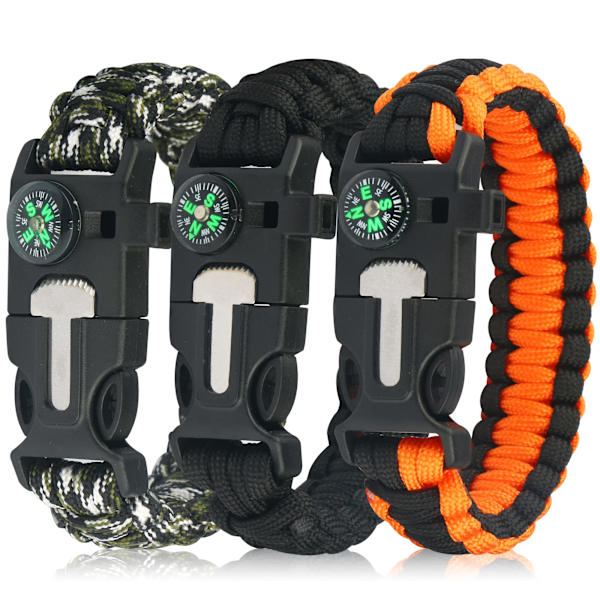 Armbånd (3-pak), Overlevelsesarmbånd, Camping Vandreture, Multiværktøjer, Ildsted, Kompas og Fløjte