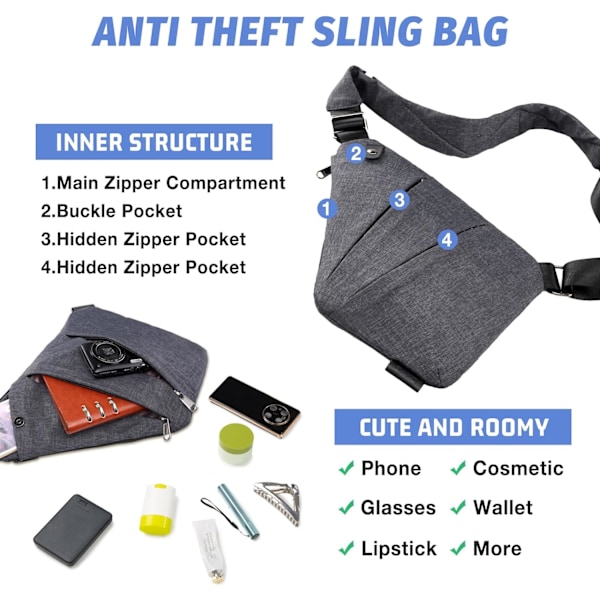 Tyverisikret Taske, Tyverisikret Rejs Taske til Kvinder/Mænd, Mode Sling Taske Rejs Crossbody Taske til Kvinder