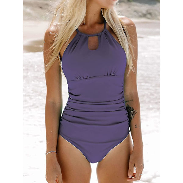 Dam badkläder i ett stycke med hög hals, strandkläder, rynkad magkontroll, baddräkt Purple M