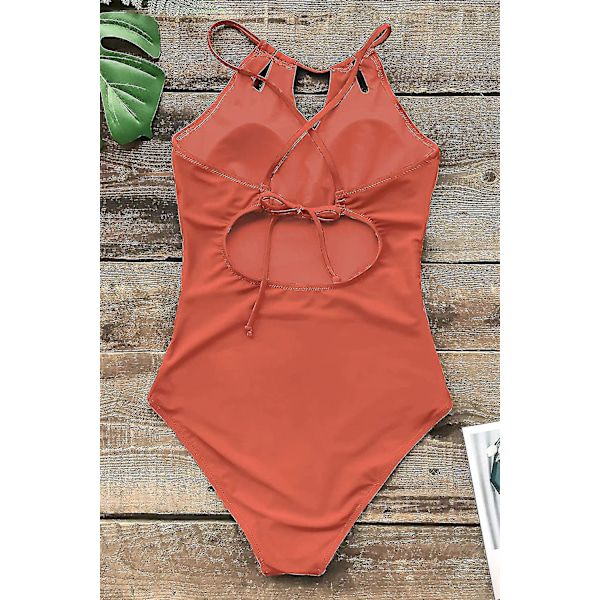 Dam badkläder i ett stycke med hög hals, strandkläder, rynkad magkontroll, baddräkt Orange M