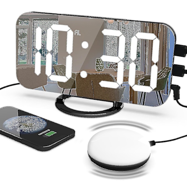 Høy alarmklokke med sengevibrator for tunge sovende, dobbel vibrerende alarmklokke med USB-lader for hørselshemmede døve Black