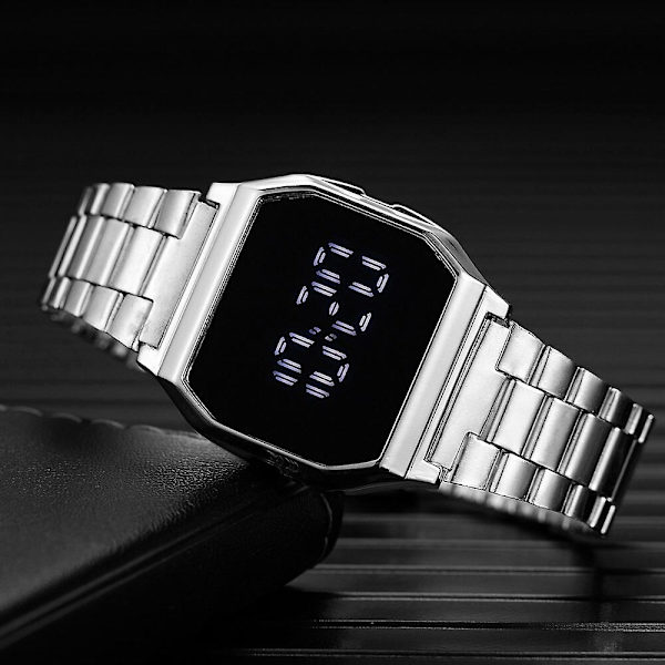 Lyxig LED Digital Klocka för Kvinnor Män Unisex Elektronisk Klocka Justerbara Armband i Rostfritt Stål