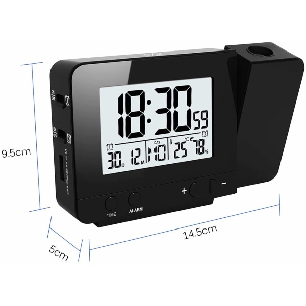 LED-projektionsväckarklocka, Digital klocka med stor LCD-display, Digital projektionsklocka med dubbla alarm, Snooze-funktion, Inomhustermometer