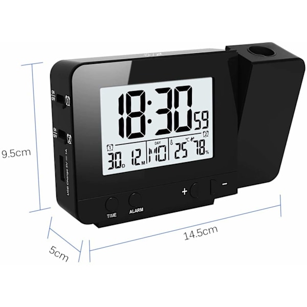 LED Projektionsvækkeur, Digitalt Ur med Stor LCD-Skærm, Digitalt Projektionsur med Dobbelt Alarm, Snooze-Funktion, Indendørs Termometer