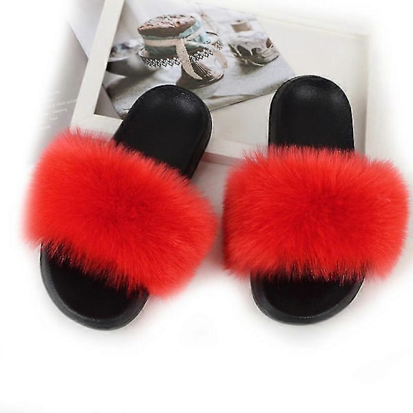 Dame Faux Fur Slippers Dame Slippers Fuzzy Sandaler Flip Flop Pelsede Slippers Bløde Flade Til Indendørs Udendørs 7 SIZE 40-41