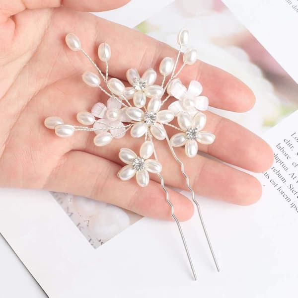 Bryllupshårnåle (3 stk.) - Elegante perleblomster krystalhårpynt til brude kvinder (sølv)