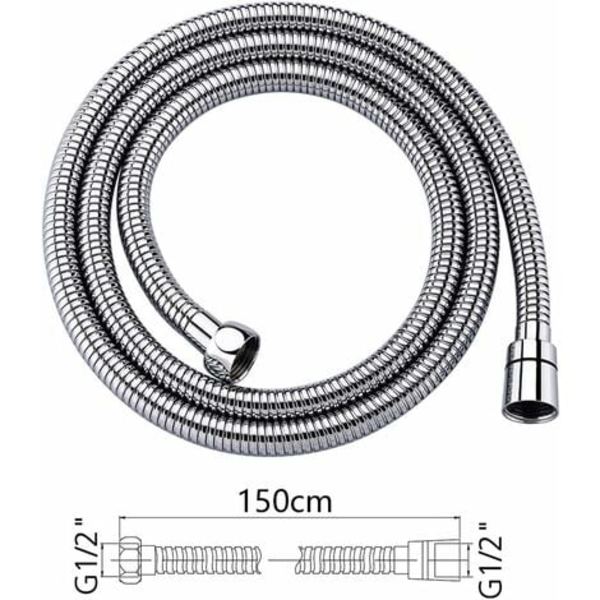 Universal bruseslange (1,5M), anti-twist og anti-knude bruseslange, rustfrit stål/krom
