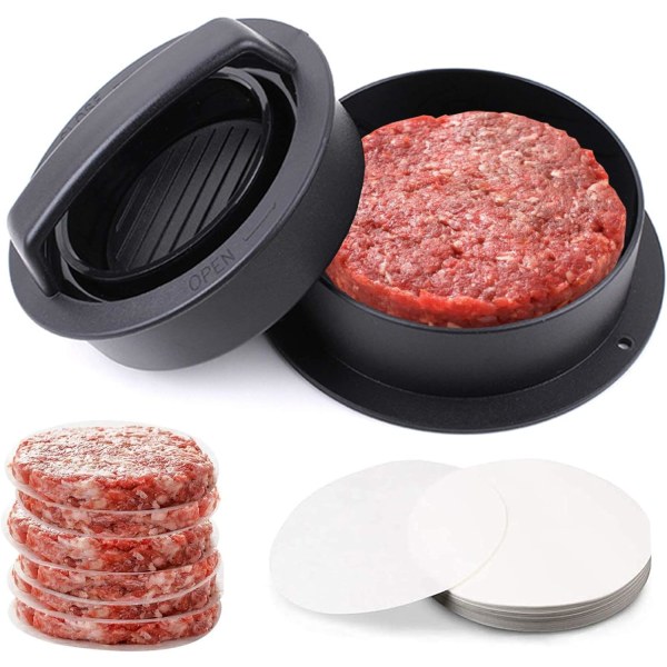 Burgerpresse Patty Maker Fyllt Hamburgerpresse med 20 vokspapir 3 i 1 Burger Patty Mold