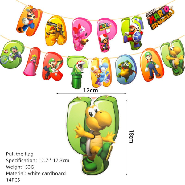 Super Mario Bros Set Mario Latex Ballong Pull Flag Tillbehör Grattis på födelsedagen Banderoller Barn CupCake Insatskort