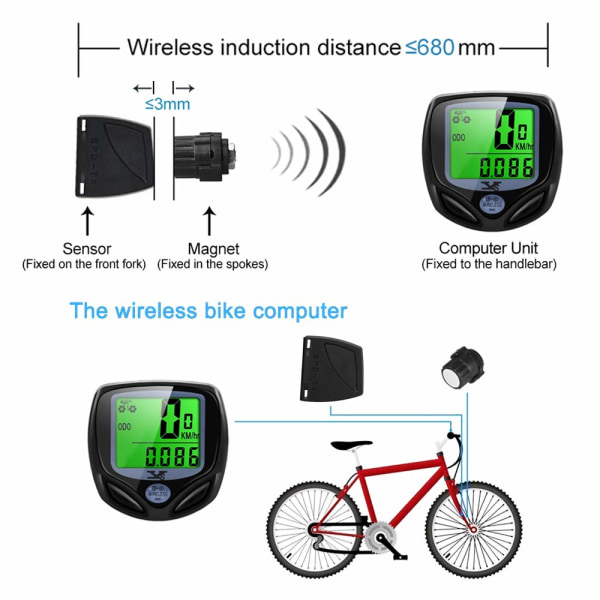 digitaalinen drahtloser Fahrradtacho, wasserdichter, drahtloser Kilometerzähler mit automatischem Aufwachen und LCD-Hintergrundbeleuchtung.