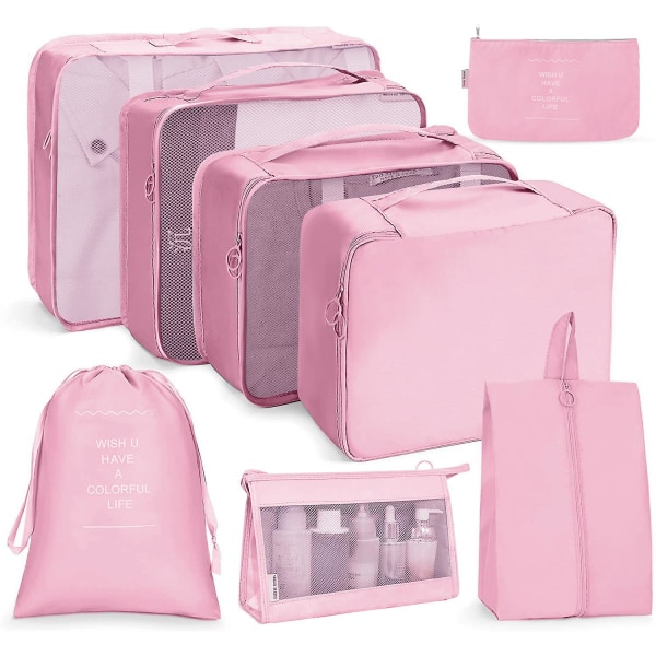 Reisepakkekuber, multifunksjon 8 stk/sett Reisebagasjeopplegg Vanntett reiseveske Pink